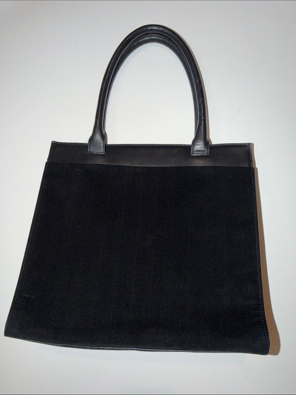 Mark and Graham Black Herringbone Tote Bag with Leather Trim